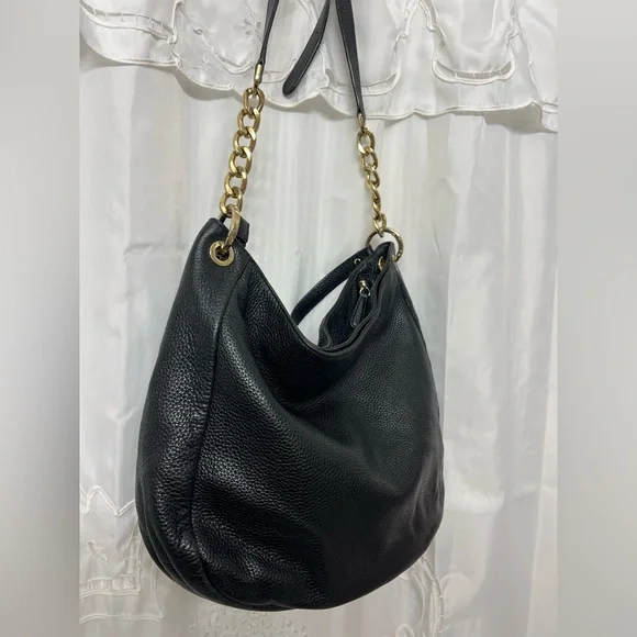 Michael Kors Bedford Large Black Pebbled Leather Shoulder Bag Gold Chain Hobo - Picture 4 of 13